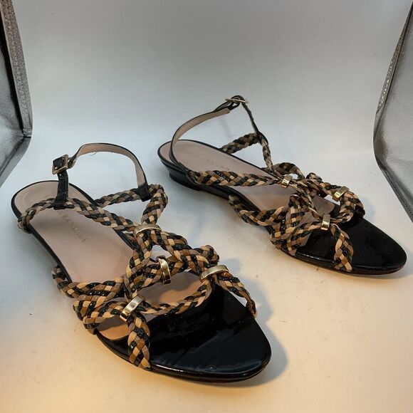 Loeffler Randal Ladies Sandals 8 Black Gold Beige Patent Leather Flats Shoes - Picture 7 of 15